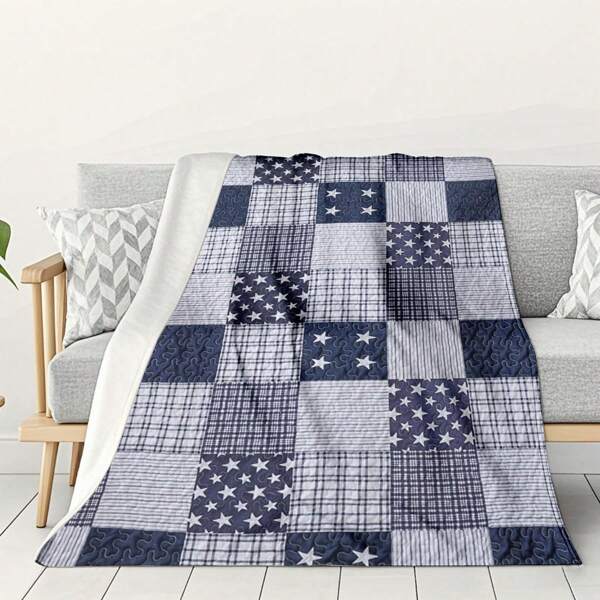 1PC Blue Checkered Pattern Flannel Sheep Blanket, Soft And Skin Friendly Shawl, Lightweight And Perfect Gift, Perfect Home Decoration For Sofa, Travel, Bedroom, Suitable For Family And Friends, Machine Washable, Digital Printing, Modern Style