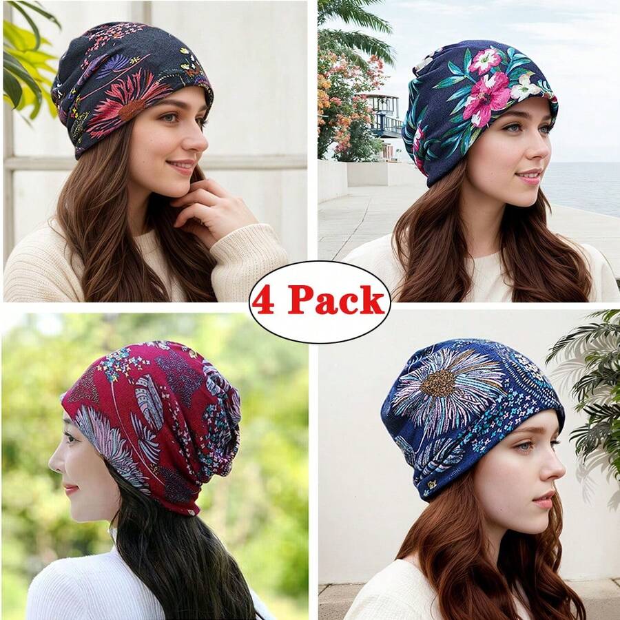 4 Pack Vintage Flower Printed Slouchy Beanie Boho Turbans Breathable Skull Cap Warm Beanies Chemo Cap For Women - A - Xem 1