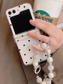 时尚可爱黑色波点白色亮面折叠手机壳,带激光珠链,兼容三星 Galaxy Z Flip7 Flip6 Flip5 4 3 5G,简约创意保护后盖 - 白底黑波點 - 查看 4