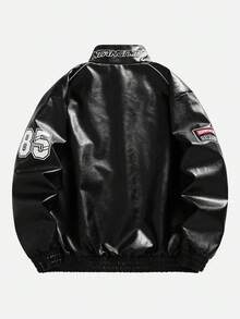 Męska skórzana kurtka z długim rękawem i haftem literowym - Czarne - Zobacz 2