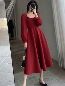 Vestidos largos de mujer Hepburn vintage cuello en v largo temperamento vestidos largos - Rojo - Ver 3