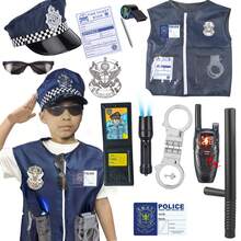 Juego de disfraz de cosplay 13 piezas, conjunto de disfraces para niños con insignia, insignia de la bandera estadounidense, esposas de juguete para niños, para regalos de Halloween y Navidad para niños, juego de roles de policía para diversión en el aula, recuerdos de fiesta y regalos para niños de 6 a 7+ años - Azul - Ver 1