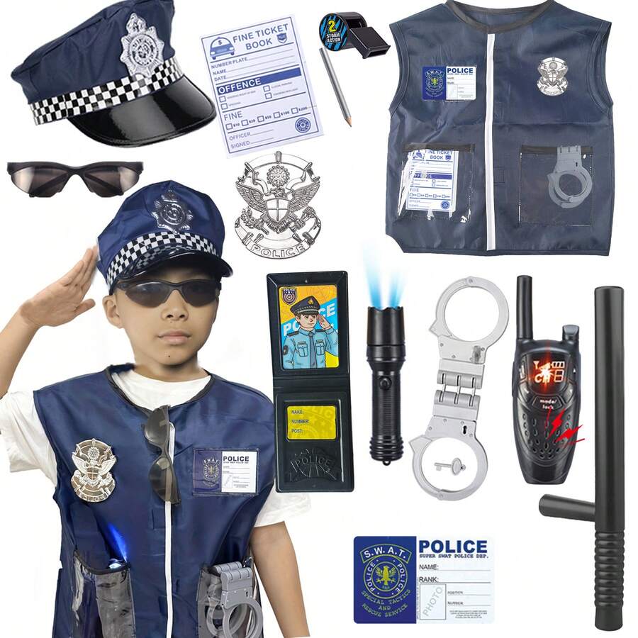 Juego de disfraz de cosplay 13 piezas, conjunto de disfraces para niños con insignia, insignia de la bandera estadounidense, esposas de juguete para niños, para regalos de Halloween y Navidad para niños, juego de roles de policía para diversión en el aula, recuerdos de fiesta y regalos para niños de 6 a 7+ años - Azul - Ver 1