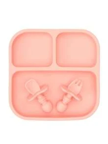 PopLittleOne 3PCS Baby Silicone Tableware Set Suction Square Plate Mini Spoon Fork Solid Color Dinner Set Children Unteils Soft Plate For Boy Girl - Multicolor - View 12