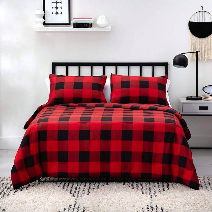 All Season Down Microfiber Comforter, Oversized King, White/Navy, Luxury Soft Cozy - Red - View 1