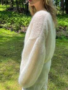 Women's Fuzzy Knit Sweater Long Lantern Sleeve Open Front Solid Color Cardigan Fall Coat - White - View 6