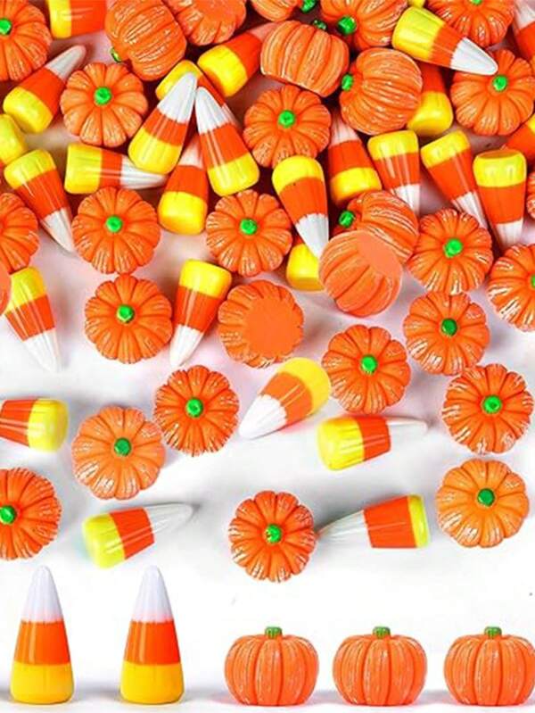 Halloween Resin Charm, 80 Pieces Fake Pumpkin Sugar Corn Mini Resin Charm Ornaments For Halloween Decoration DIY Handicraft Making