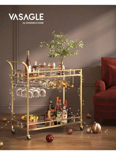 Drinks Trolley, Gold Bar Cart, Serving Trolley With 2 Mirrored Shelves, Wine Holders, Glass Holders, For Home Bar, Kitchen, Dining Room, Gold
