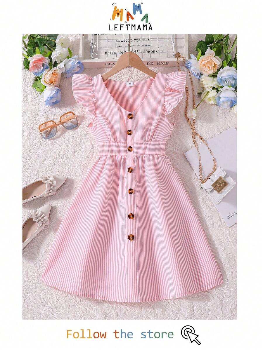 Left Mama Tween 女童清新条纹盖袖 V 领收腰连衣裙，夏季 - 粉色 - 查看 1