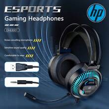 HP 8001 有线耳机，7.1 环绕立体声，深低音包耳式耳机，带蓝色 LED 灯，防噪音麦克风，适用于游戏和办公，节日礼物 - 均碼 - 查看 1