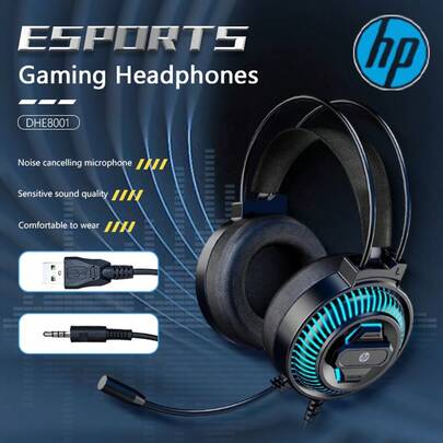  HP 8001 Wired Headphones, 7.1 Surround Stereo, Deep Bass Over-Ear Headset With Blue LED Lights, Noise-Proof Microphone, Suitable For Gaming And Office, Holiday Gift