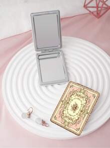 1个折叠式化妆镜，便携式轻巧手持镜，耐用PU皮革，花卉装饰设计，可折叠结构，180°翻盖，适合各种场合