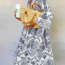 Plus Size Women Elegant New Fashion Floral Print Casual Loose Midi Dress, 3/4 Sleeve Shirt Dress, Suitable For Spring/Summer/Autumn