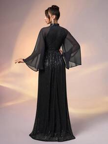 Elisanya 女士正式宴会优雅高领亮片撞色雪纺喇叭袖晚礼服长裙舞会礼服婚礼宾客毕业晚宴 - 黑色 - 查看 3