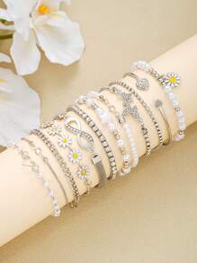 8/12pcs Fashion Elegant Butterfly, Heart, Daisy, Rhinestone Sparkling Bling Bling Infinity 8 Charm Bracelet Set, Holiday, Party, Birthday Gift, Everyday Wear - Style 1 - View 13