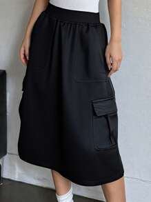 1 pièce Jupe longue élastique à taille haute de couleur unie, élégante et classique, avec poches latérales, en polyester, convient pour le printemps, l'été et l'automne, pour filles et adolescentes