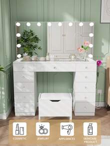 VOWNER 46" Makeup Vanity Desk With Whole Lighted Mirror & Power Outlet, Modern Vanity Table With 11 Storage Drawers & Soft Stool, 14-Bulbs Large Mirror, 3-Color Lighting & Brightness Adjustable, Bedroom Vanity Set Gifts For Girls Women, Christmas - 查看 7
