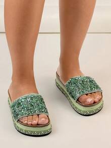 Glittering Platform Wedge Thong Sandals, Elegant Strap Elevated Chunky Sole Slide Slippers - Green - View 1