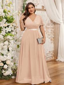 Vestido con mangas de mariposa, cuello en V, encaje floral, parche de gasa, cinturón de strass, talla grande, adecuado para invitados de boda, verano, cumpleaños, graduación, regreso a la escuela y otras ocasiones elegantes - Champán - Ver 2