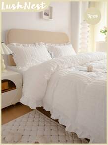 大号天鹅绒绒被套套装，白色荷叶边床品套装，提花复古卧室装饰，农舍风格，波西米亚风被套套装