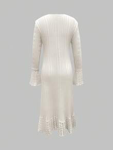 Women's New Style Casual Fashionable V-Neck Button Down Asymmetrical Ruffle Slit Hem Sexy Tight Party Dress, Exquisite And Elegant Trumpet Long Sleeves Movable Placket Crochet Hollow Back To School Long Knit Top, Spring Summer Fall Winter - Beige - View 3