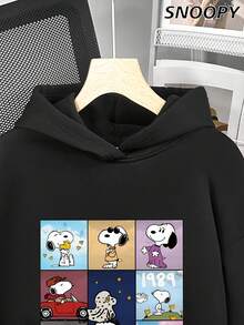 SNOOPY Tour Casual 女士基础款卫衣，卡通印花圆领宽松针织修身款上衣，秋冬款 - 黑色 - 查看 2