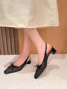 Xin Jing Shoes 女式高跟方头蝴蝶结编织时尚百搭踝带粗跟浅口鞋 - 黑色 - 查看 6