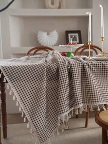 1pc Checkered Green Print Tablecloth, Bohemian Casual Fresh Style Dining Table Cover, Suitable For Hotel, Restaurant, Bedroom, Living Room, Party, Outdoor Gathering, Holiday Decor,Fall Decor,Autumn Decor,Room Decor