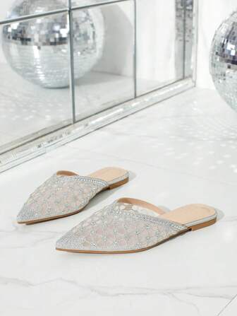 Women's Pointed Toe Flat Mule Shoes, Casual Hollow Out Rhinestone Slip-On Sandals For Spring & Summer