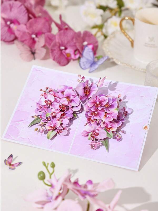 1 pièce Carte de vœux pop-up 3D ailes d'orchidée - Carte pop-up florale élégante pour anniversaire, fête des mères, mariage, anniversaire de mariage