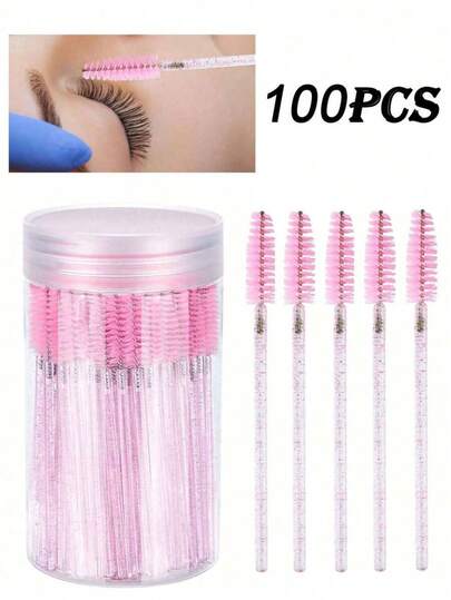 100 st. kristallrosa ögonfransborstar, mascaraborstar med förvaringslåda, böjbara engångsögonbrynsborstar, ögonfransförlängningsborstar, ögonbrynsborstar, ricinoljeborstar, ögonbrynsborstar, ögonskuggsborstar, spiralborstar