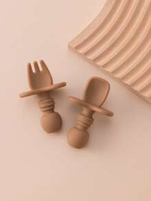 PopLittleOne 2PCS Baby Silicone Spoon Fork Solid Color Baby Utensils Feeding Training Baby Stuff Soft Baby Tableware Things For Babys - Multicolor - View 13