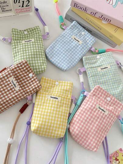 1 pieza Bolsa de almacenamiento de teléfono móvil de estilo INS con estampado de patrón de cuadrícula, ligera y multifuncional. Bolso bandolera para ir de paseo y de compras para llevar artículos pequeños, bolsa de almacenamiento portátil, monedero para tarjetas para viajes y uso diario, regalo para amigos y maestros, regalo de cumpleaños