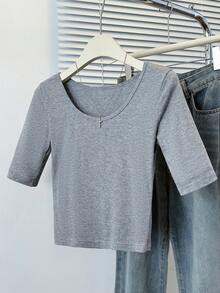 Minimalistic U-Neck Middle Sleeve T-Shirt, Design Style, Slim Fit Cropped Top For Summer - Grey - View 3