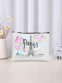 1pc Cartoon Romantic Paris Eiffel Tower Pattern Makeup Bag, Charger Storage, Gift For Friends - Multicolor - View 8