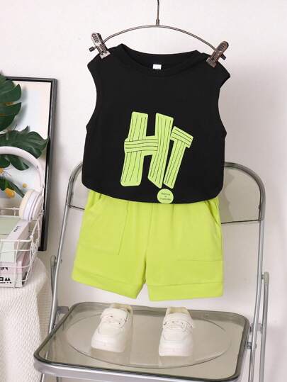 男婴休闲字母印花背心和短裤套装，春夏