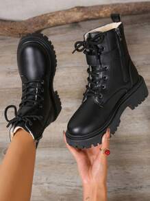 2025 New Autumn/Winter Women Boots, Fashion Versatile Casual Boots, Side Zipper Women Ankle Boots, Lace-Up Women Shoes, Warm Winter Women Boots, Flat Comfortable Women Boots - Black - View 3