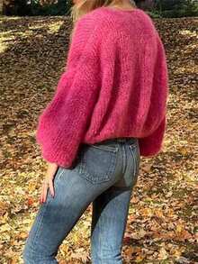 Women's Fuzzy Knit Sweater Long Lantern Sleeve Open Front Solid Color Cardigan Fall Coat - Hot Pink - View 2