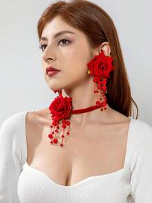 1 件花朵项链 + 1 对花朵耳环首饰套装，简约时尚花朵吊坠天鹅绒项链和耳环套装，适合婚礼、派对、礼物 - 彩色 - 查看 2