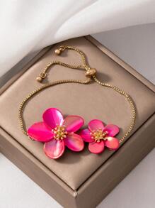 1pc Luxury Premium Pink Rose Floral Bangle Bracelet, Elegant European & American Style