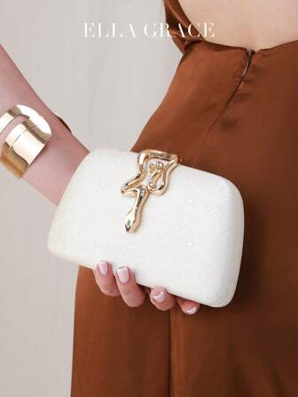 ELLA GRACE-亮白色贝壳形晚宴包，配金色蛇形扣 - 可变换的奢华手拿包和单肩包，适合婚礼、正式活动和夜间外出