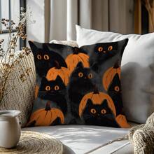 1 Stück/2 Stück Halloween Katzen- & Kürbis-Muster Polyester Kissenbezug [ohne Kissenfüllung], 45 x 45 cm/50 x 50 cm, [einseitiger Muster] Halloween Schwarze Katzen Kürbisse Dekorative Kissenbezüge für Sofa, Bett, Wohnzimmer, Schlafzimmer, Auto, Büro, Hotel, ganzjährig, perfektes Geschenk für Familie und Freunde