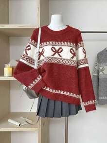 秋冬新款柔美蝴蝶刺绣宽松针织衫上衣，精致大气 - 紅色 - 查看 2