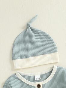 Baby Boy Fall Romper Contrast Color Ribbed Long Sleeve Round Neck Full Length Jumpsuit With Hat Newborn Fall Clothes - Sky Blue - View 5