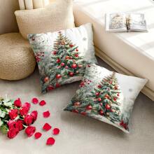 2pcs Christmas Tree Printed Pillow Cover Set - Peach Velvet Pillow Case 45*45cm