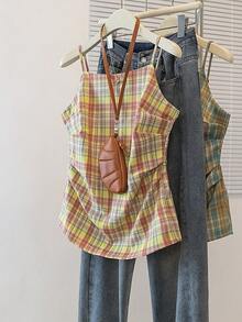 YUXIN 夏季新款复古优雅撞色格子无袖背心女款，设计褶皱收腰镂空后背短款吊带背心