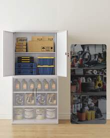 Armoire de Garage à 5 Étagères avec 4 Portes, Armoire de Bureau, 40 x 80 x 180 cm, 2 Serrures, Étagères Réglables, en Métal, Gris Mat - Gris - Voir 2