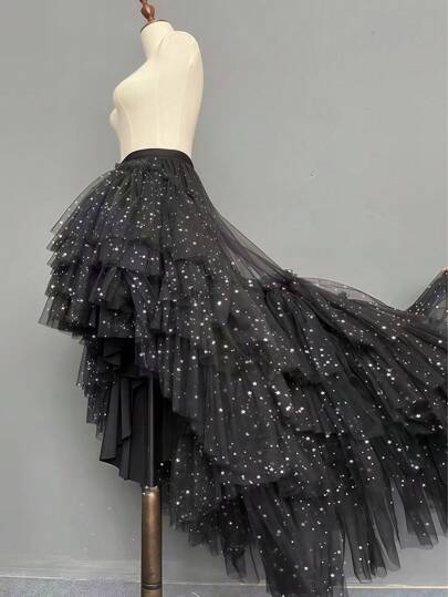 1pc Women's Asymmetrical Mesh Asymmetric Hem Lace Skirt, High Waist Versatile Runway Style, Suitable For Christmas