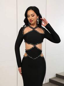 Love Aing Elegantes, handgefertigtes Maxikleid mit Strass-Verzierung, Hohlmuster und Bandage-Passform, sexy für Hochzeitsgäste, Partys, Dates