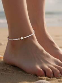 Minimalist Bohemian Style Beaded Shell & Starfish Anklet, Summer Beach Ocean Themed White Bead Ankle Jewelry, Suitable For Daily Wear